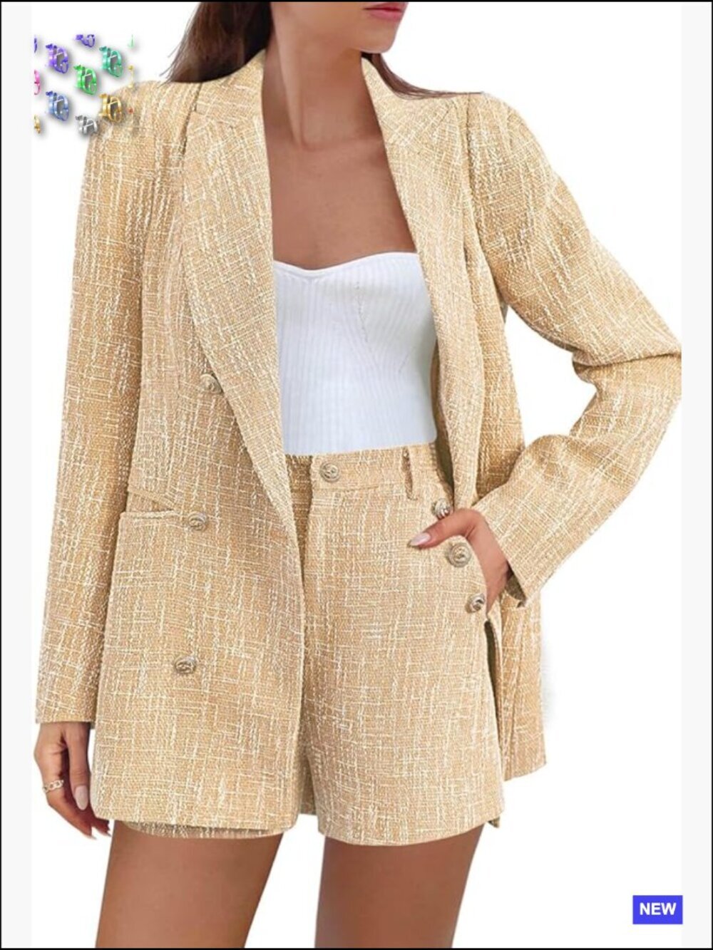 2 Piece Tweed Blazer Shorts Set Long Sleeve Double Breasted Suit Jackets